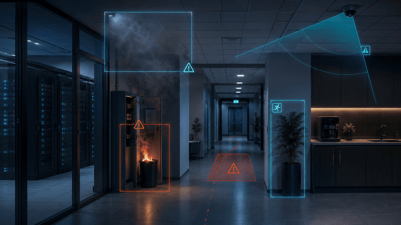 Fire and smoke detection in an office building