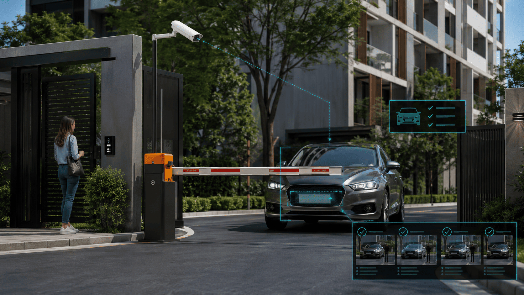 Smart automated barrier in a residential courtyard