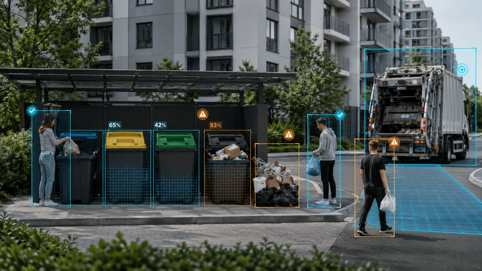 Waste container area and truck monitoring