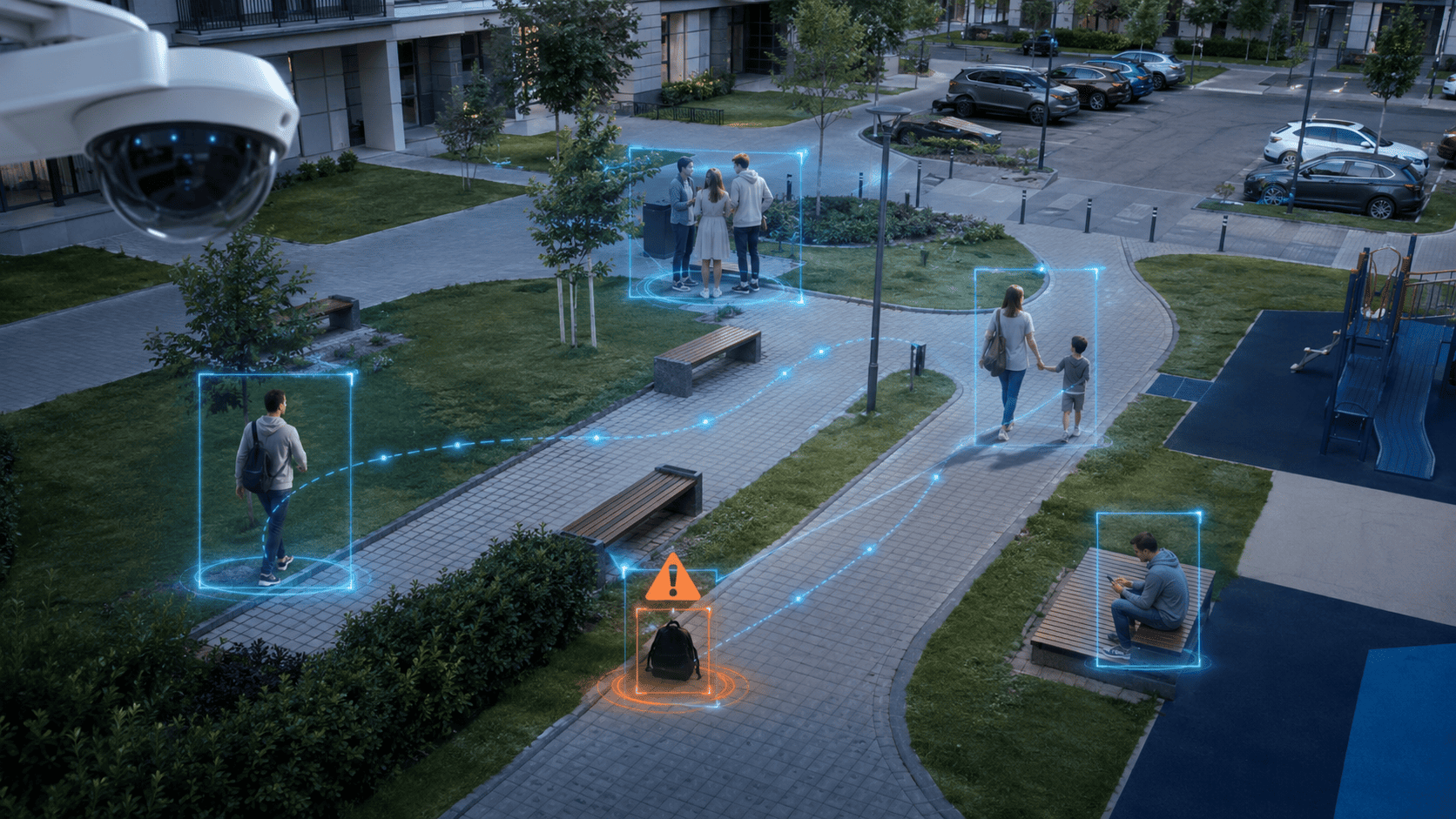 Courtyards, entrances, resident routes and common areas