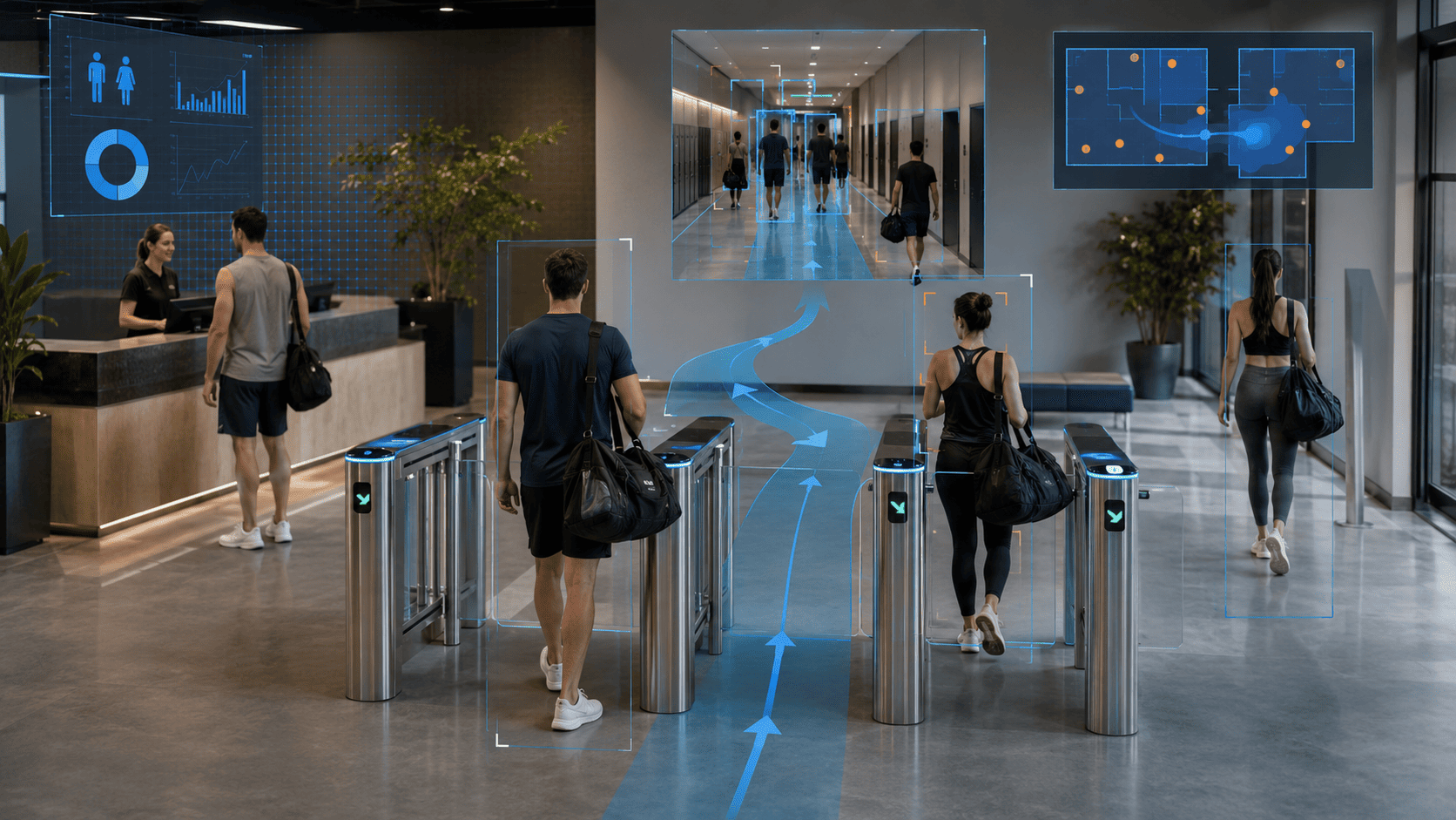 Sports complex entrances and locker rooms