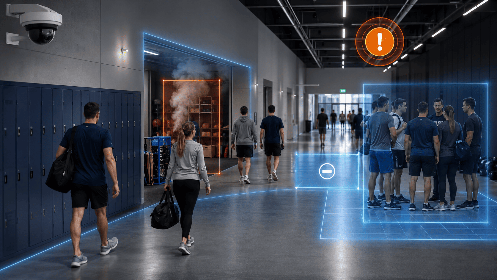 Sports complex corridor with incident monitoring