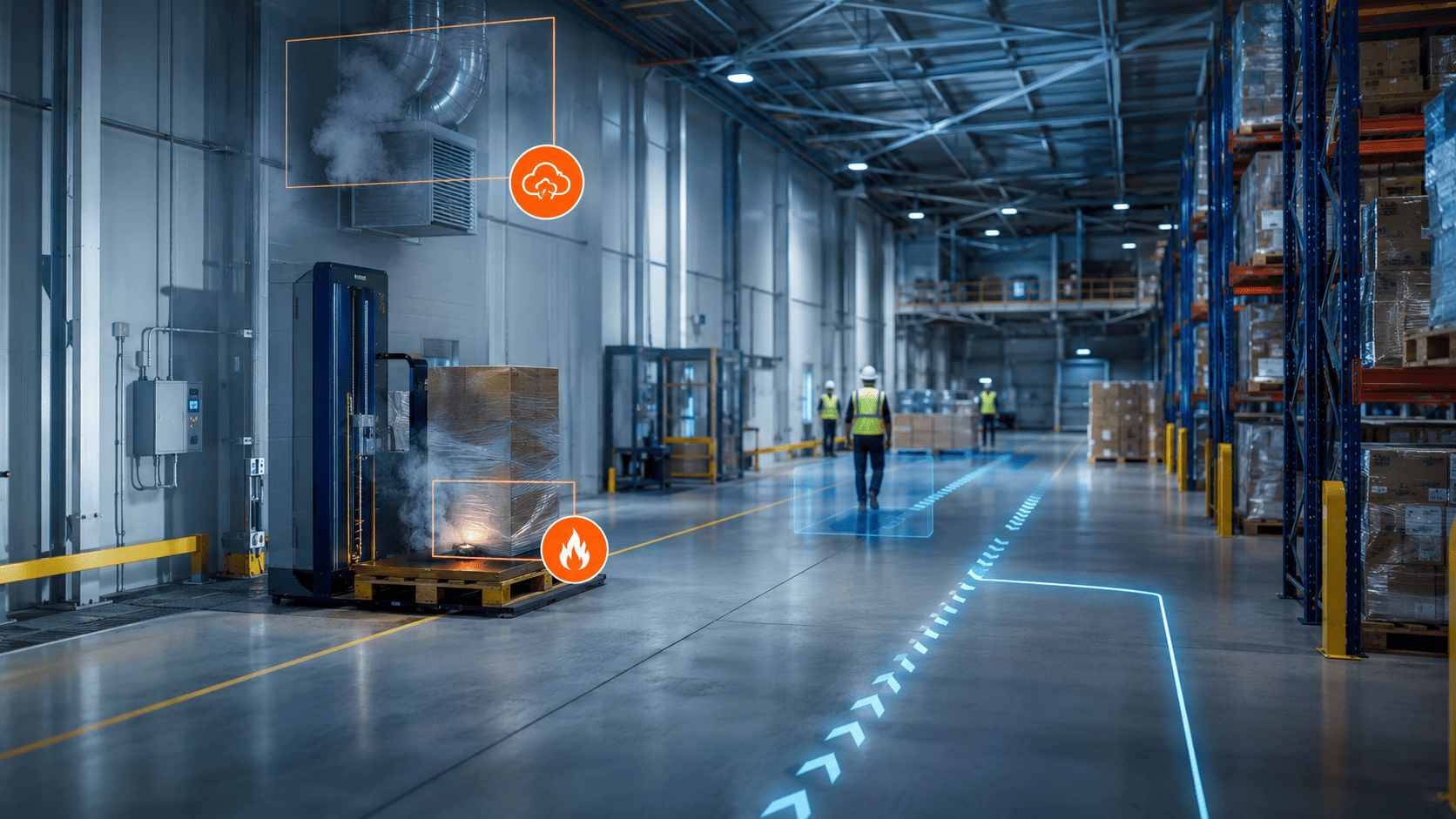 Fire and smoke in a warehouse